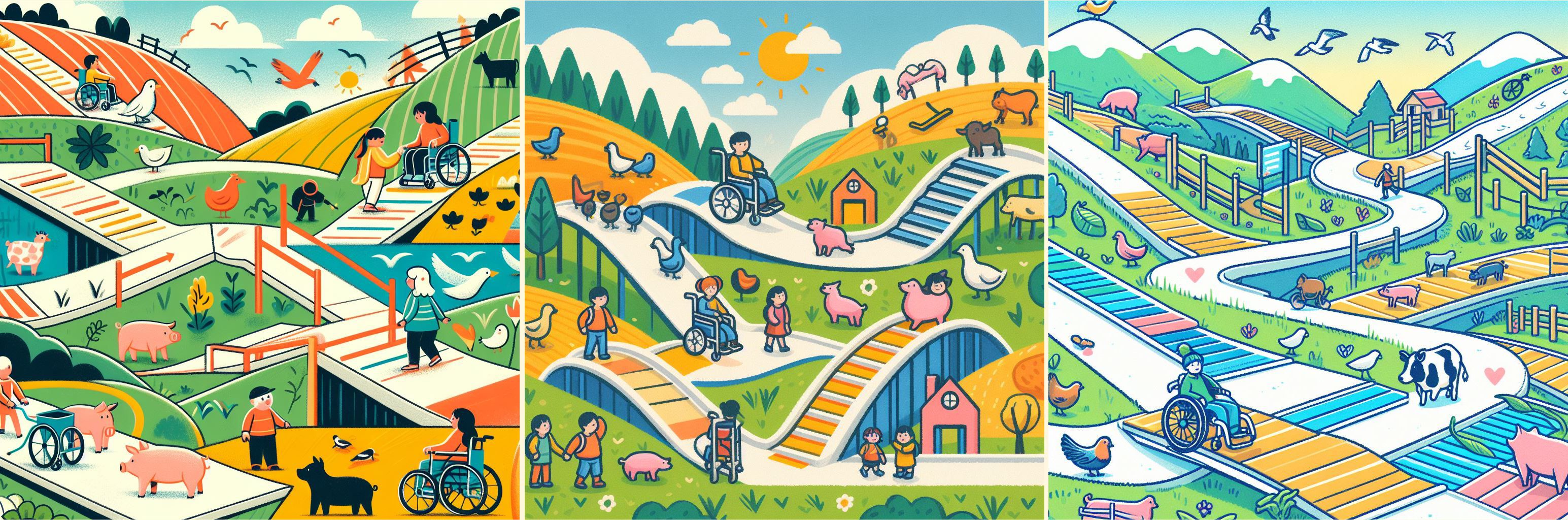 An illustrated landscape showing people with different mobility needs moving through an accessible rural community